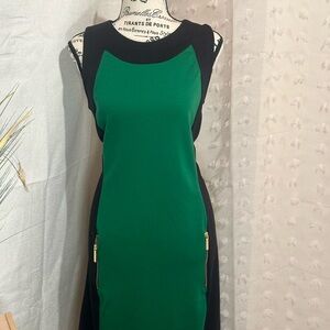 Michael Kors Green and Black Sleeveless Sheath Dress with Gold Zips